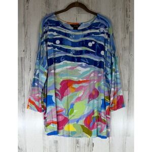 Ali Miles Tunic Top XL Multicolor Abstract Watercolor Rhinestones 3/4 Sleeve